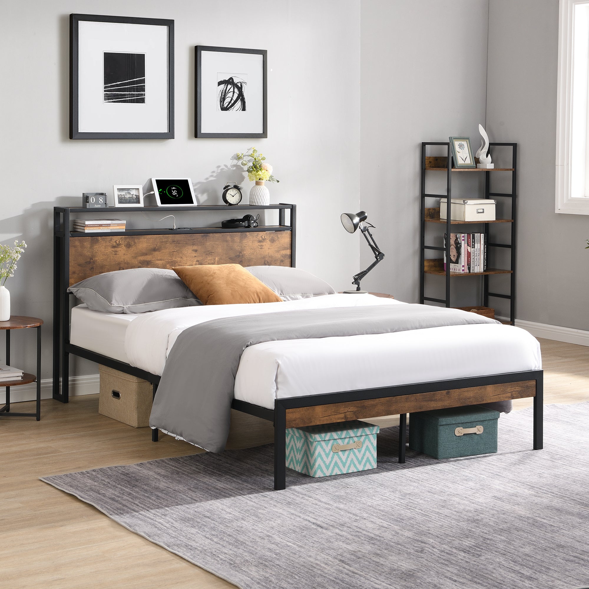 Queen Size Metal Platform Bed Frame with Wooden Headboard & Footboard, USB LINER | No Box Spring | Large Under Bed Storage | Easy Assembly-American Furniture Outlet