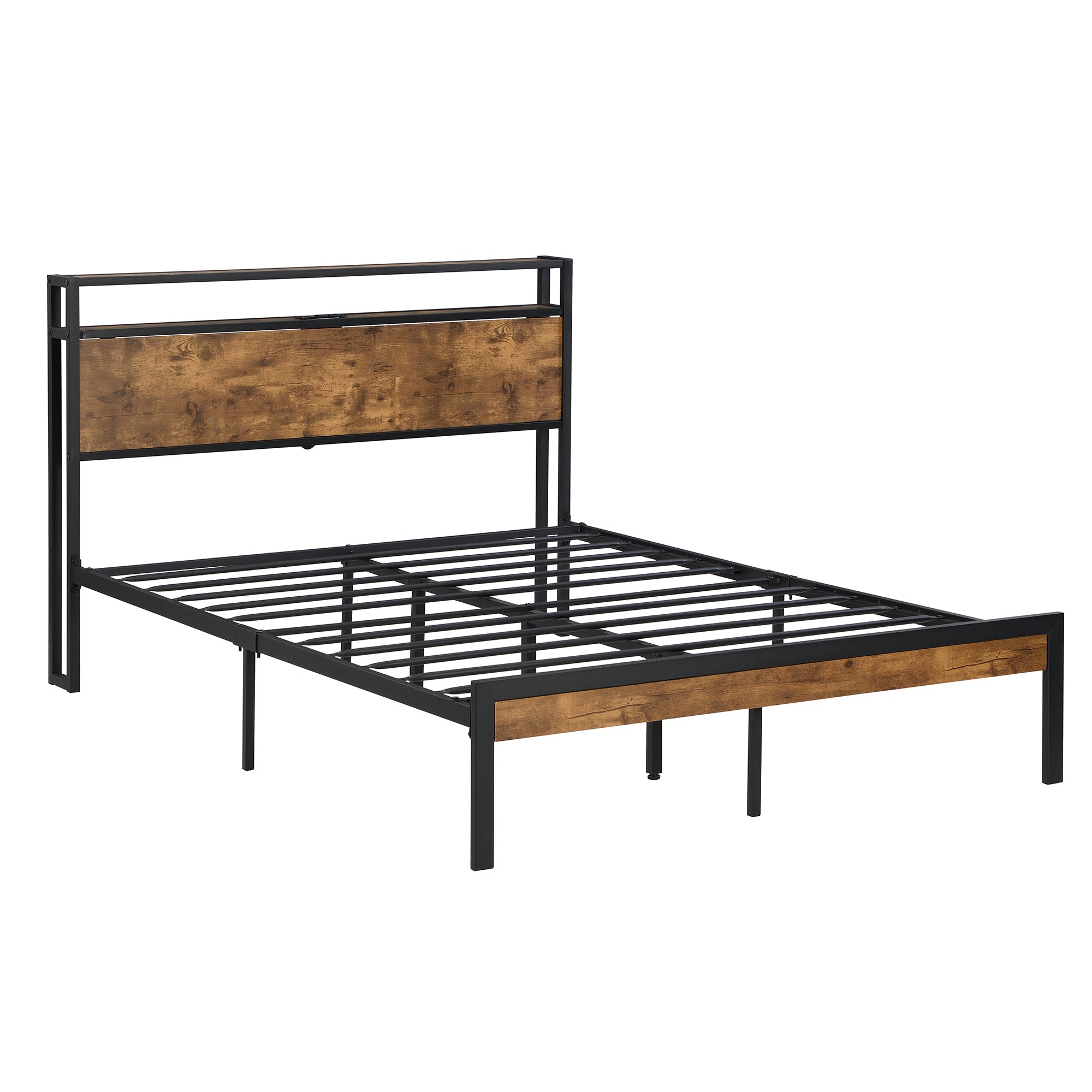 Queen Size Metal Platform Bed Frame with Wooden Headboard & Footboard, USB LINER | No Box Spring | Large Under Bed Storage | Easy Assembly-American Furniture Outlet