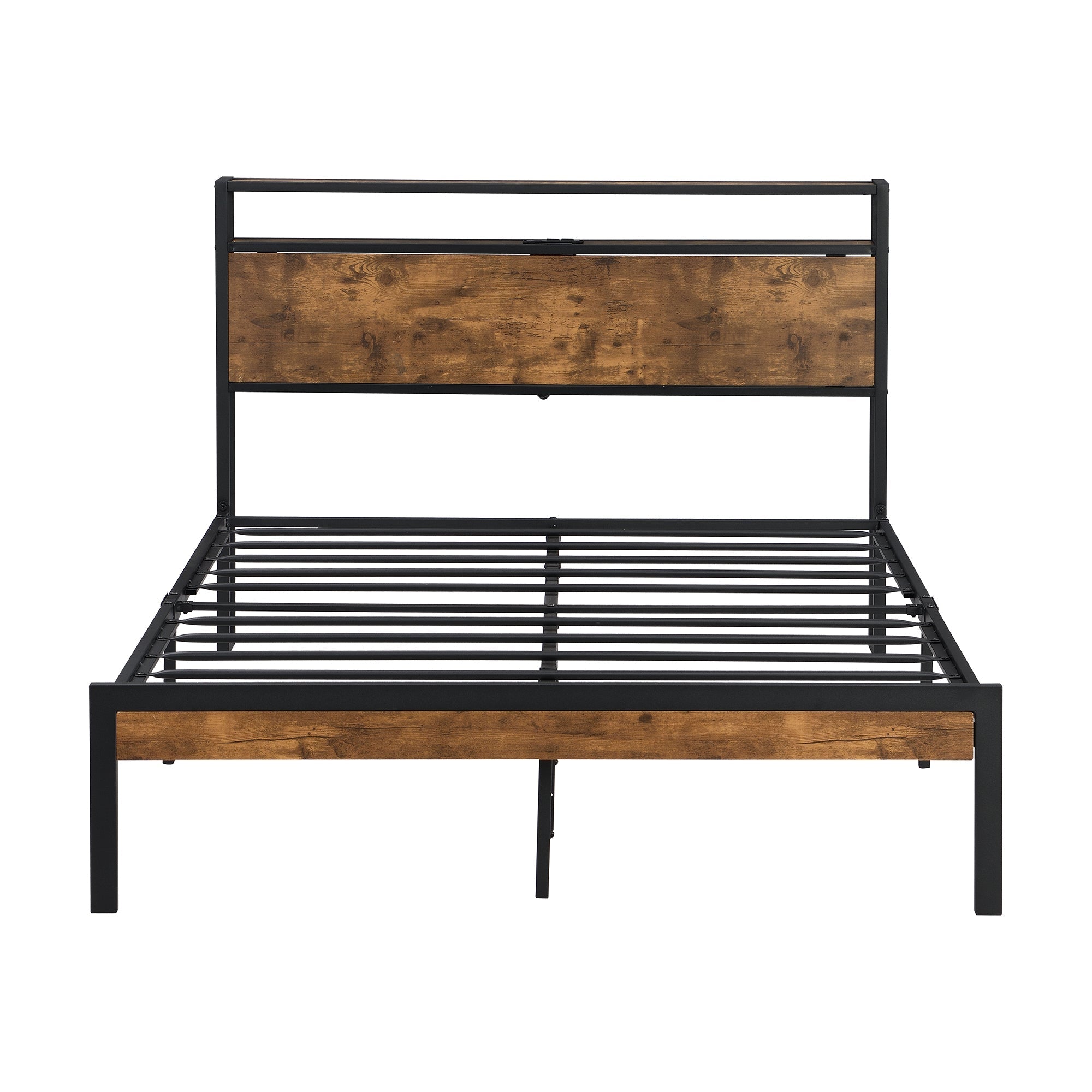 Queen Size Metal Platform Bed Frame with Wooden Headboard & Footboard, USB LINER | No Box Spring | Large Under Bed Storage | Easy Assembly-American Furniture Outlet