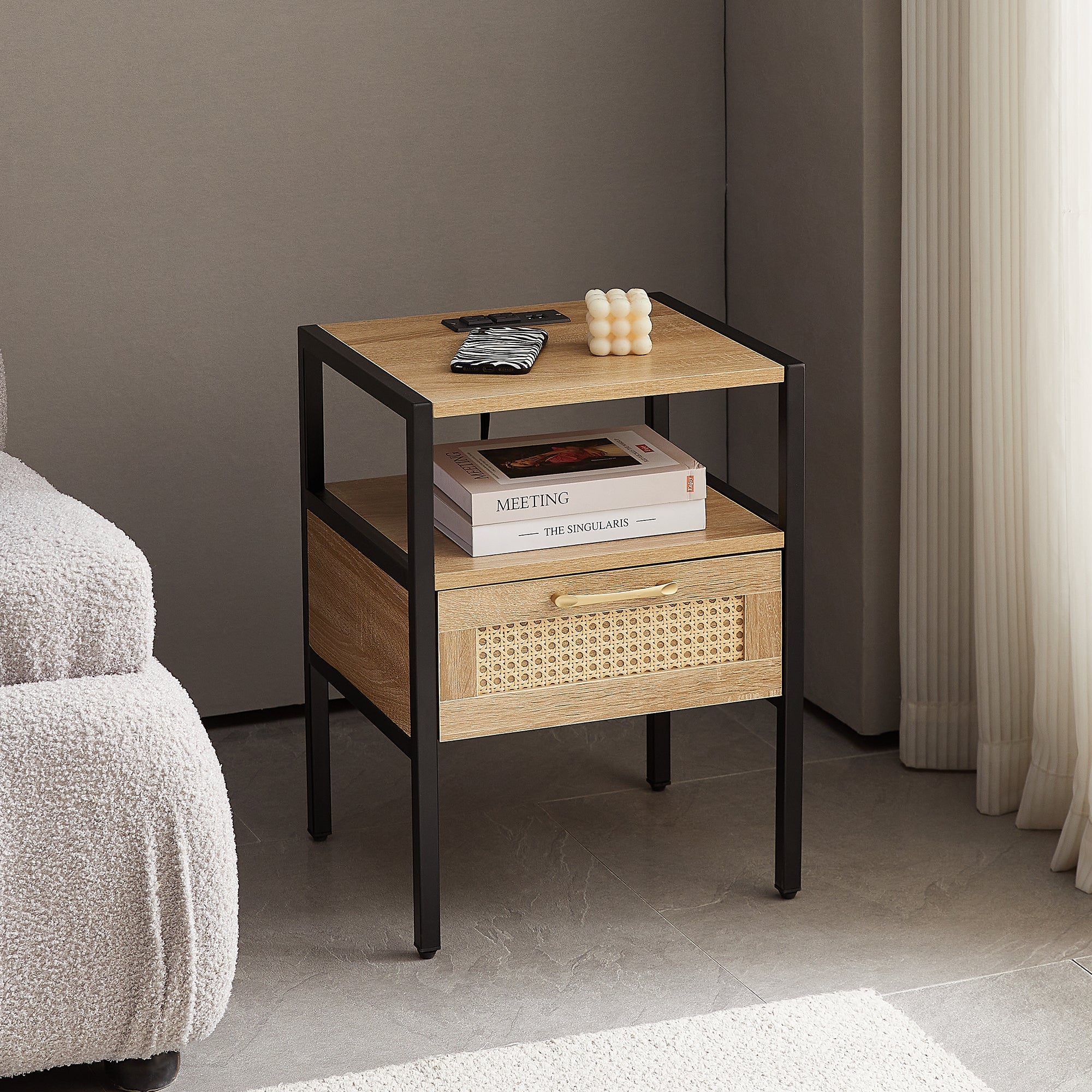 Rattan End Table w/ Power Outlet & USB - 15.75"-American Furniture Outlet