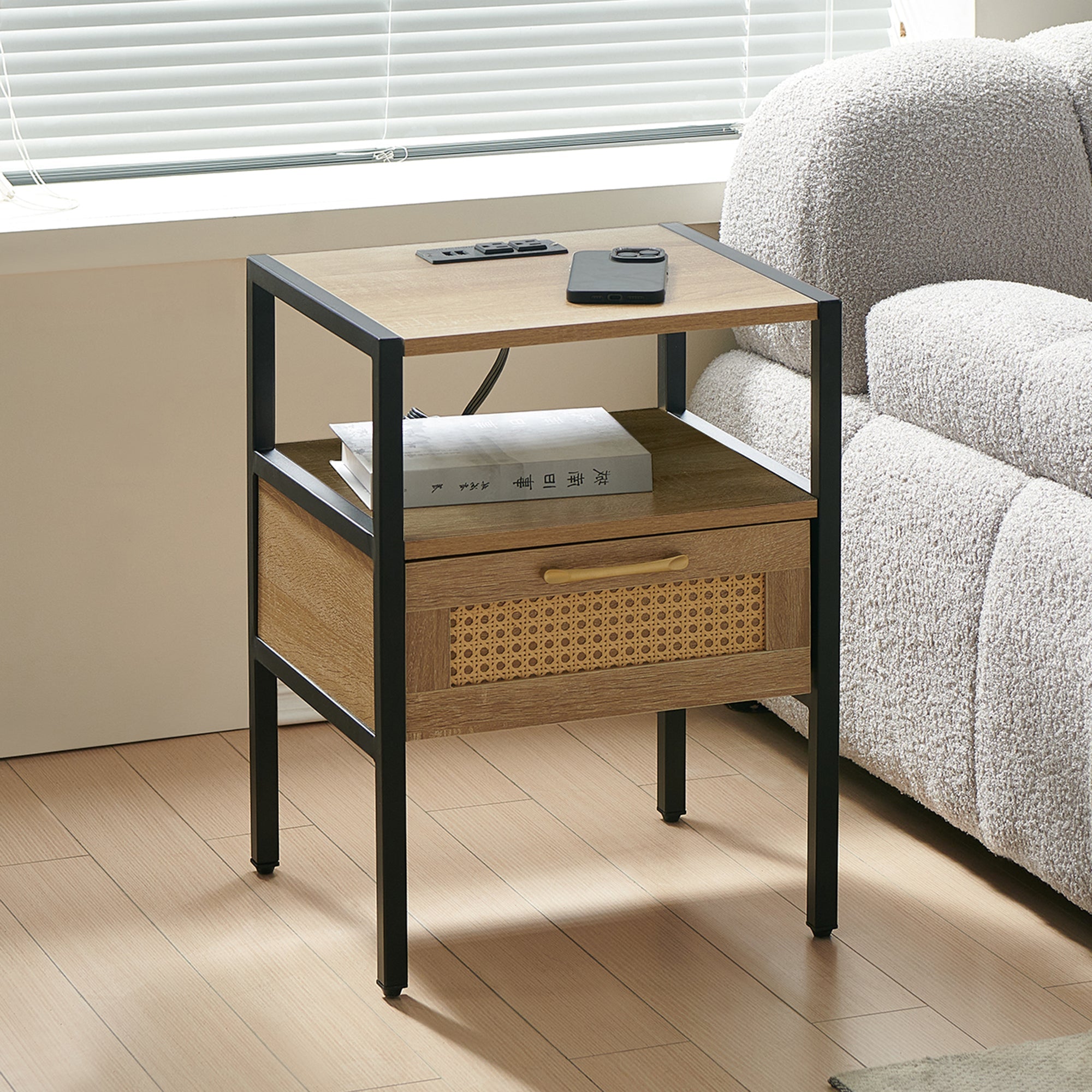 Rattan End Table w/ Power Outlet & USB - 15.75"-American Furniture Outlet