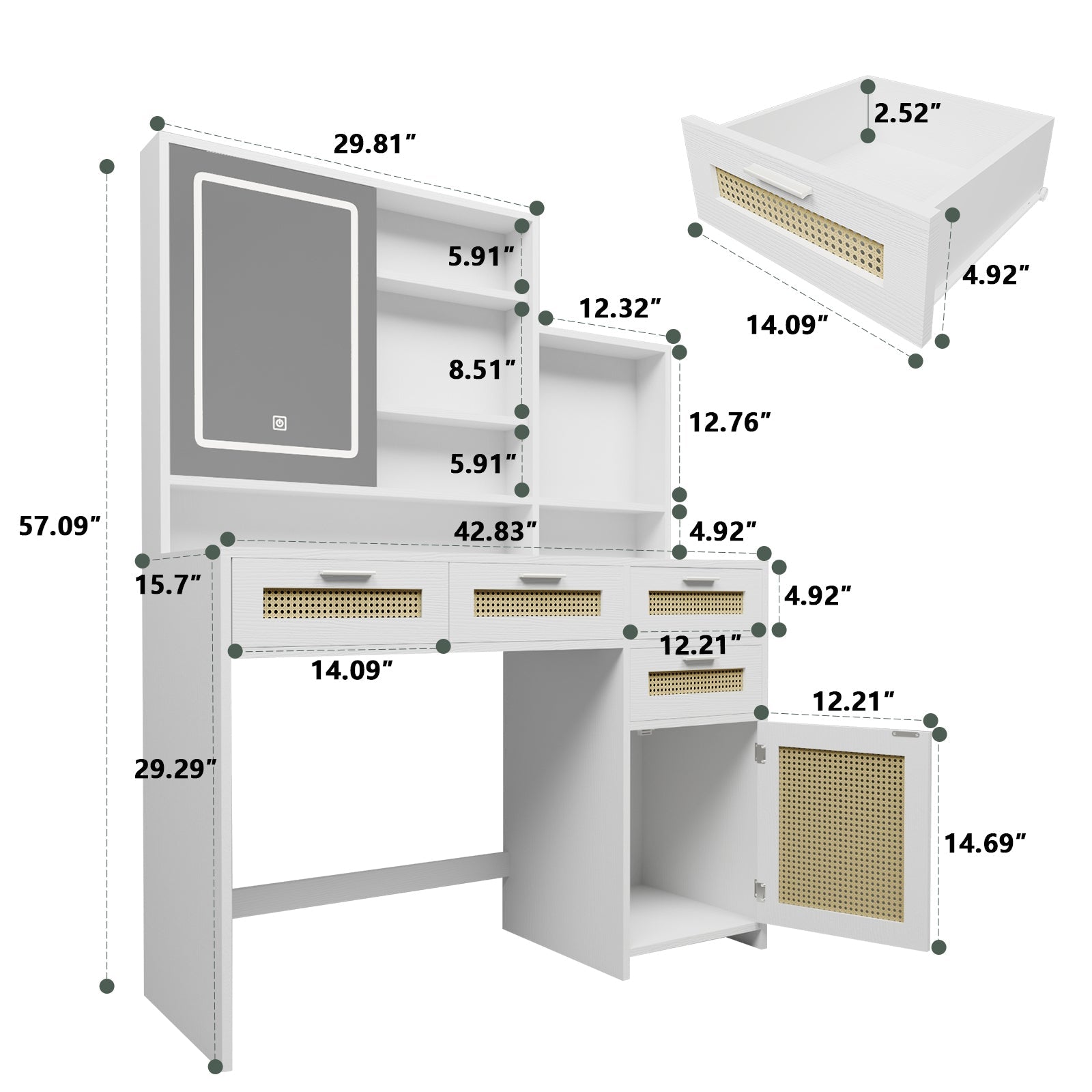 Rattan Vanity Desk w/ Lights, Mirror & Storage-American Furniture Outlet