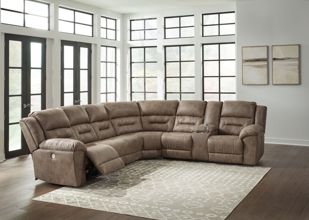 Power reclining sectional sofa front view with rounded arms in dark taupe fabric