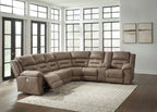 Power reclining sectional sofa front view with rounded arms in dark taupe fabric