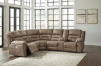Fossil brown power reclining sectional with console, curved chaise, and arm recliners