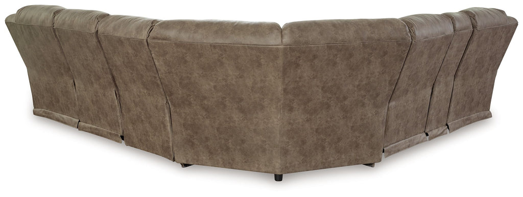 Fossil brown power reclining sectional with track arms and curved chaise end