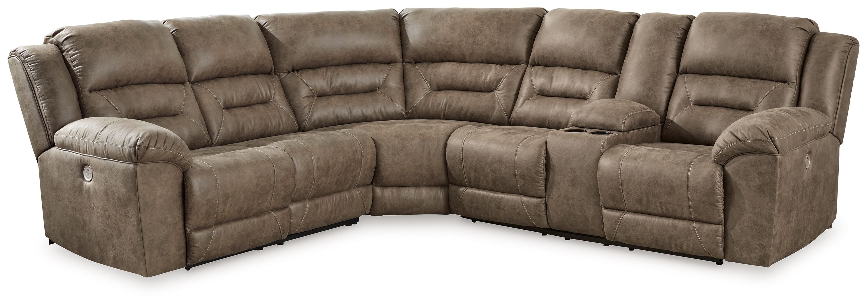 Power reclining sectional sofa with tufted cushions and rounded armrests in dark taupe