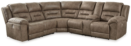 Power reclining sectional sofa with tufted cushions and rounded armrests in dark taupe