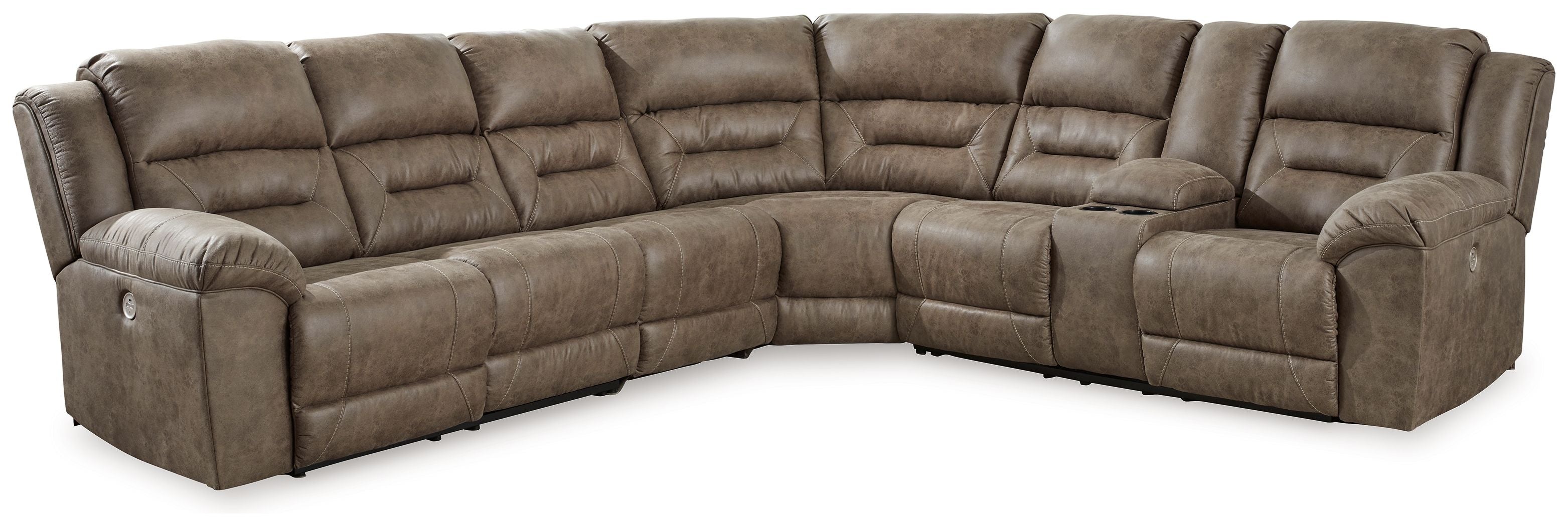 Power reclining sectional sofa corner view with tufted back and chaise end in dark taupe