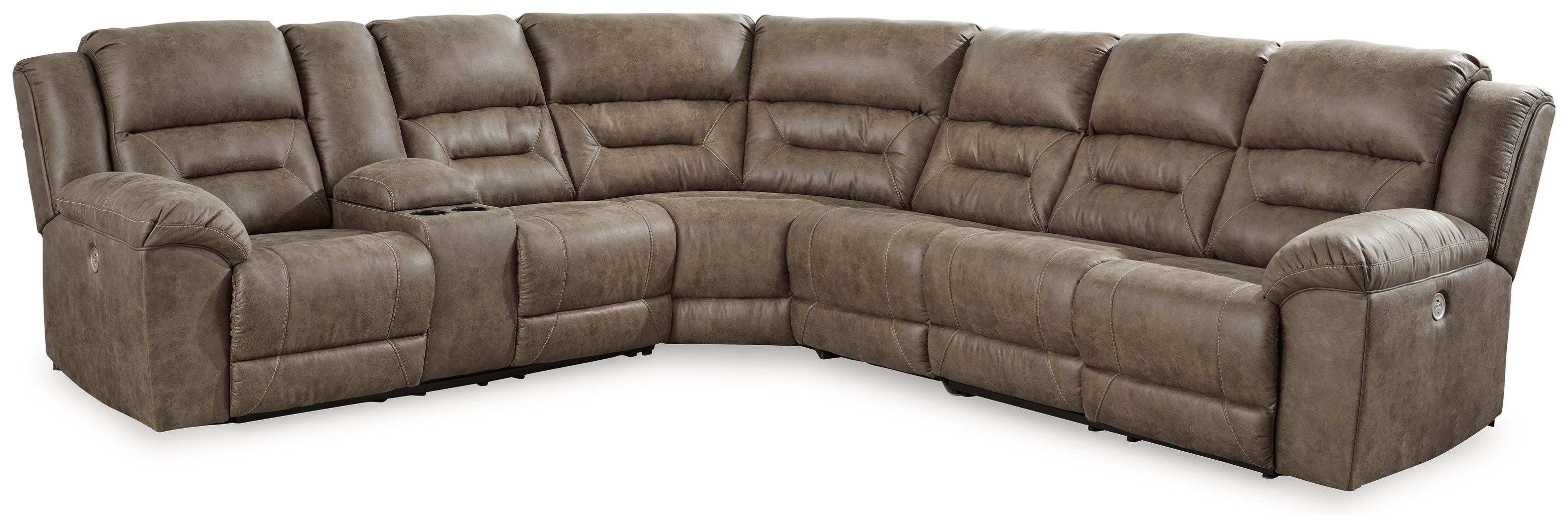 Power reclining sectional sofa with tufted back, rounded arms, and dark taupe upholstery