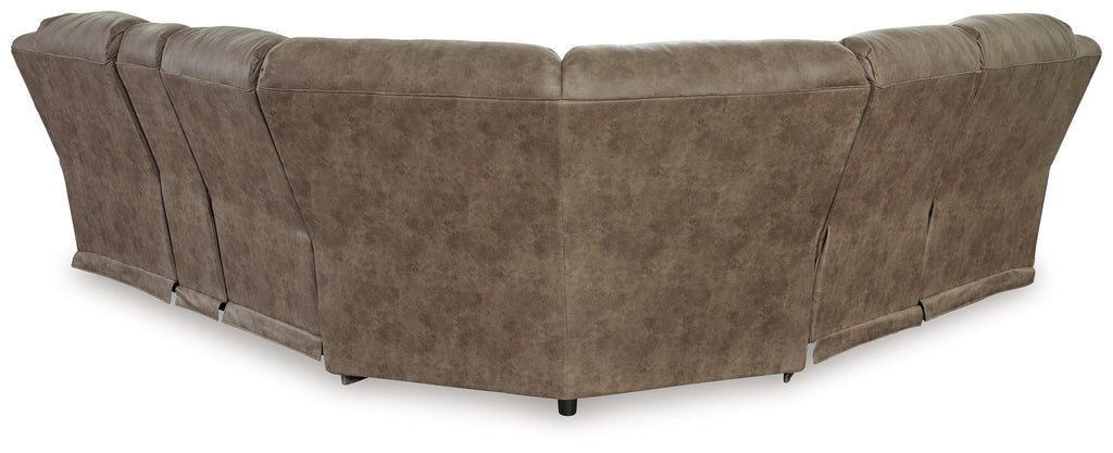 Power reclining sectional sofa rear corner view with dark taupe fabric upholstery