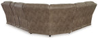 Power reclining sectional sofa rear corner view with dark taupe fabric upholstery