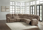 Power reclining sectional sofa with chaise-style end in dark taupe fabric