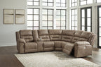 Power reclining sectional sofa angled view with chaise end and dark taupe upholstery