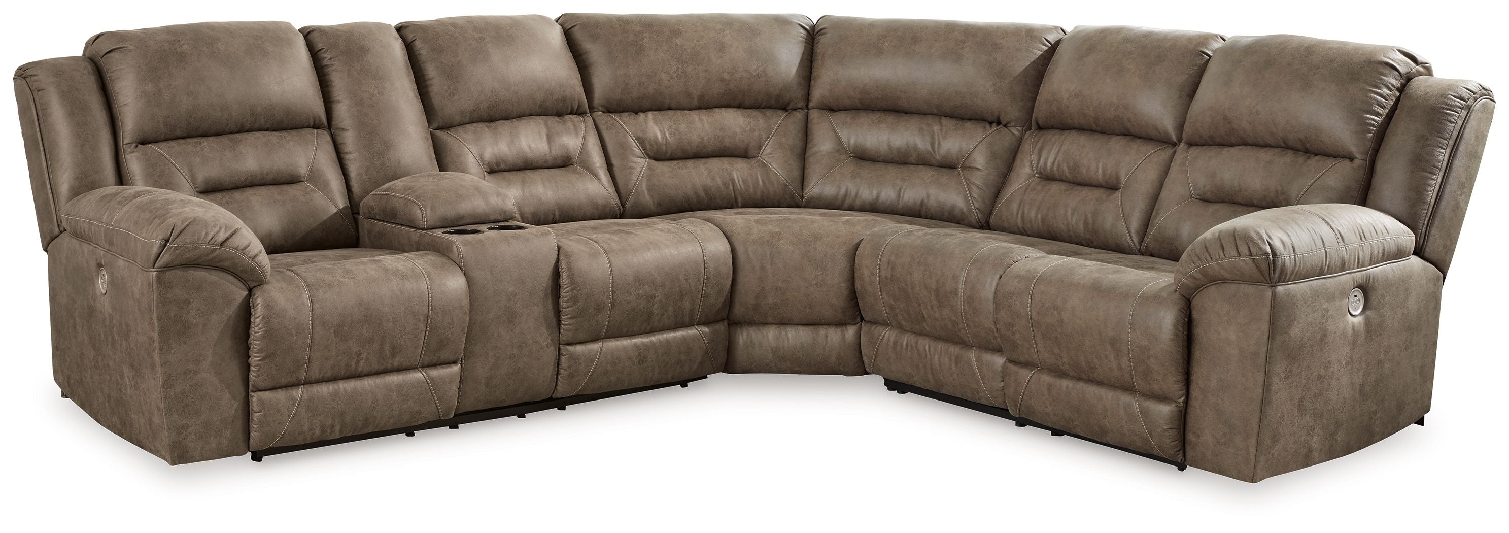 Power reclining sectional sofa in dark taupe fabric with tufted back and rounded arms