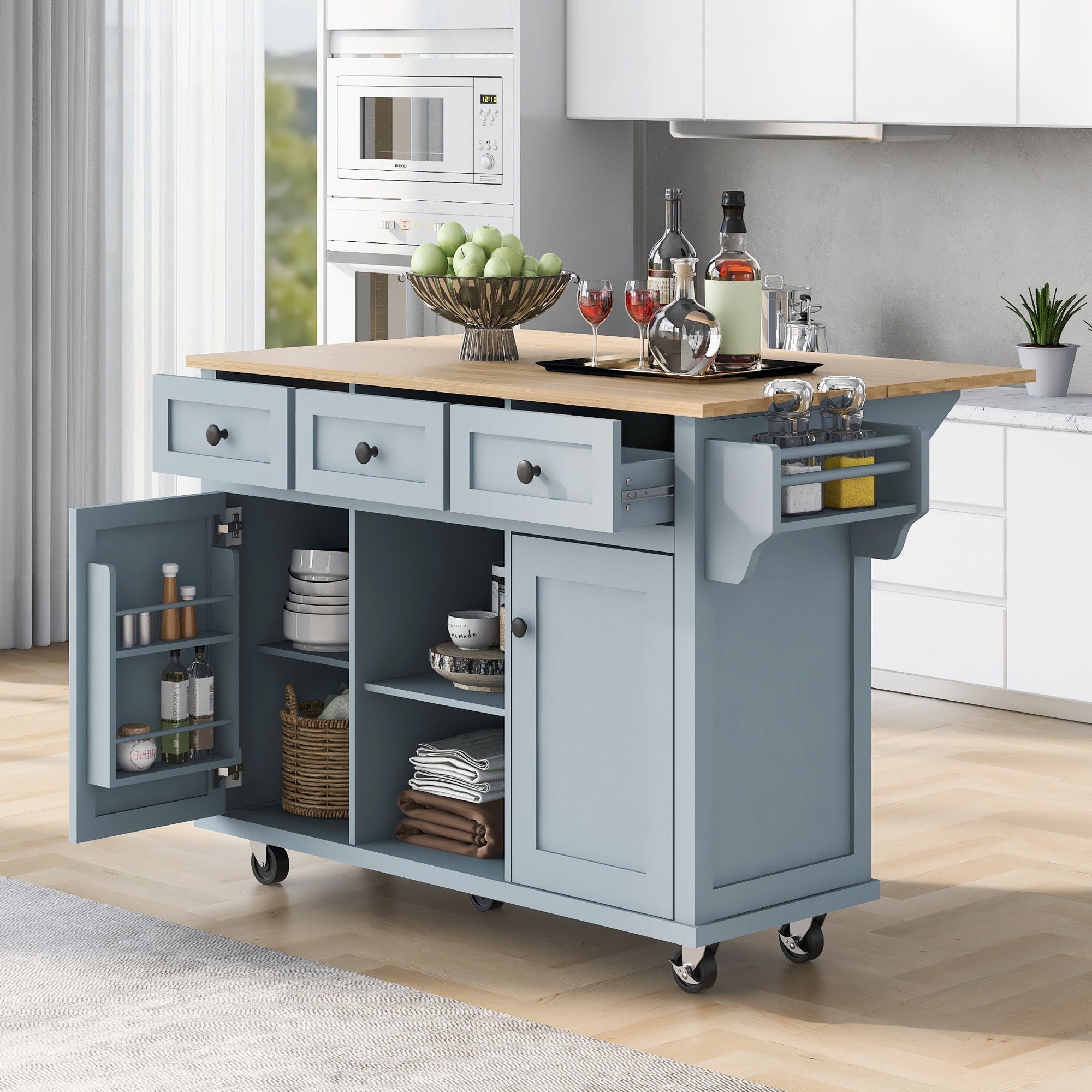 Rolling Kitchen Cart Island w/ Drop Leaf & Storage - Grey Blue-American Furniture Outlet