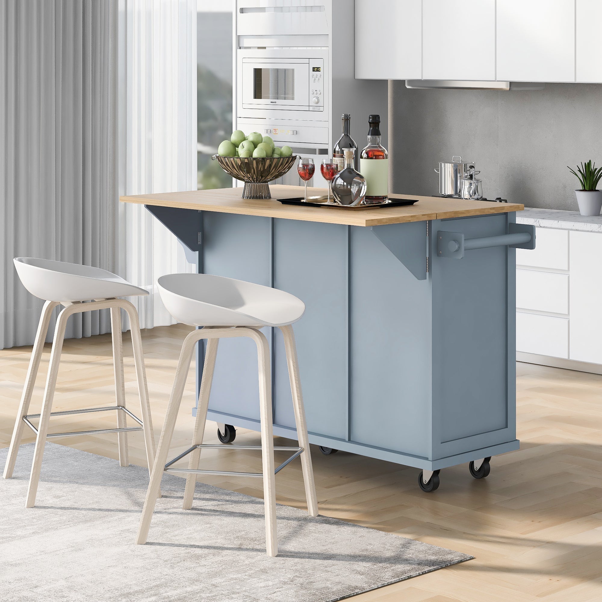 Rolling Kitchen Cart Island w/ Drop Leaf & Storage - Grey Blue-American Furniture Outlet