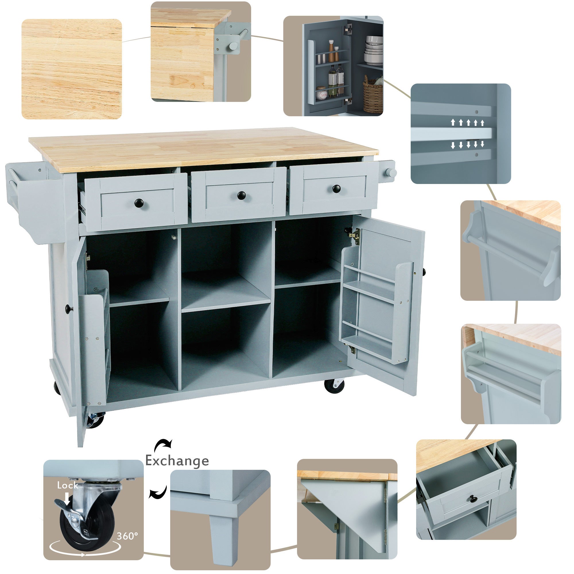 Rolling Kitchen Cart Island w/ Drop Leaf & Storage - Grey Blue-American Furniture Outlet