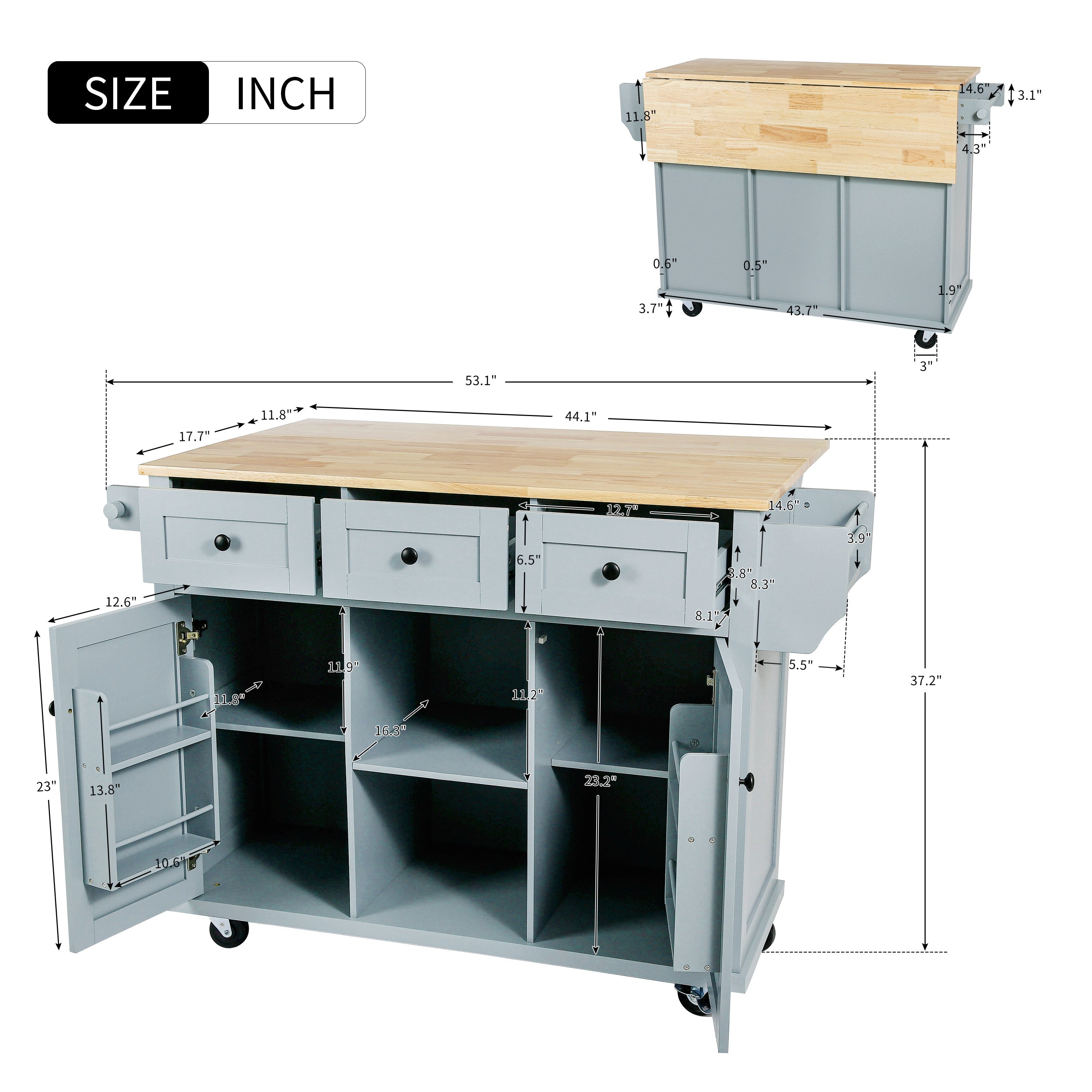 Rolling Kitchen Cart Island w/ Drop Leaf & Storage - Grey Blue-American Furniture Outlet