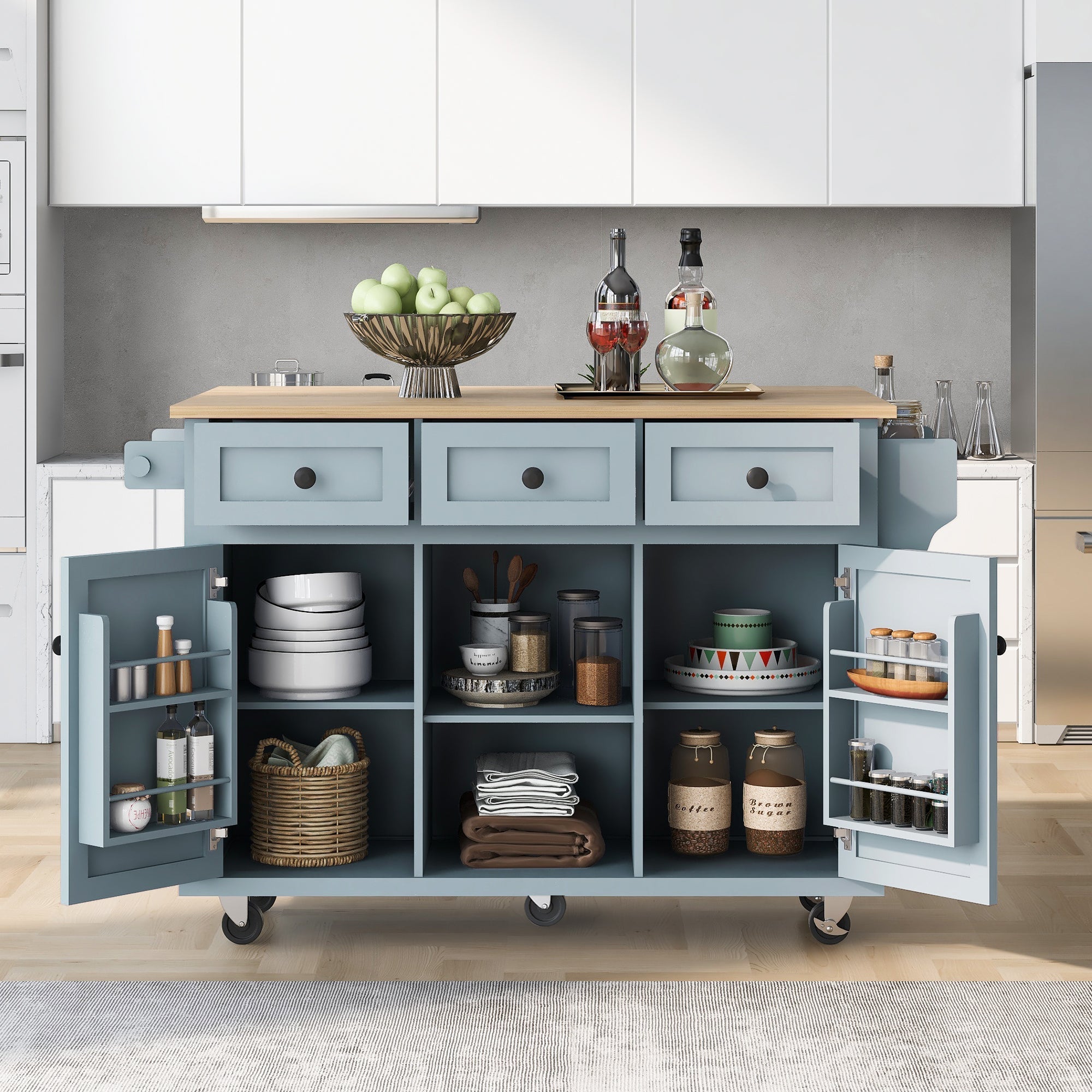 Rolling Kitchen Cart Island w/ Drop Leaf & Storage - Grey Blue-American Furniture Outlet