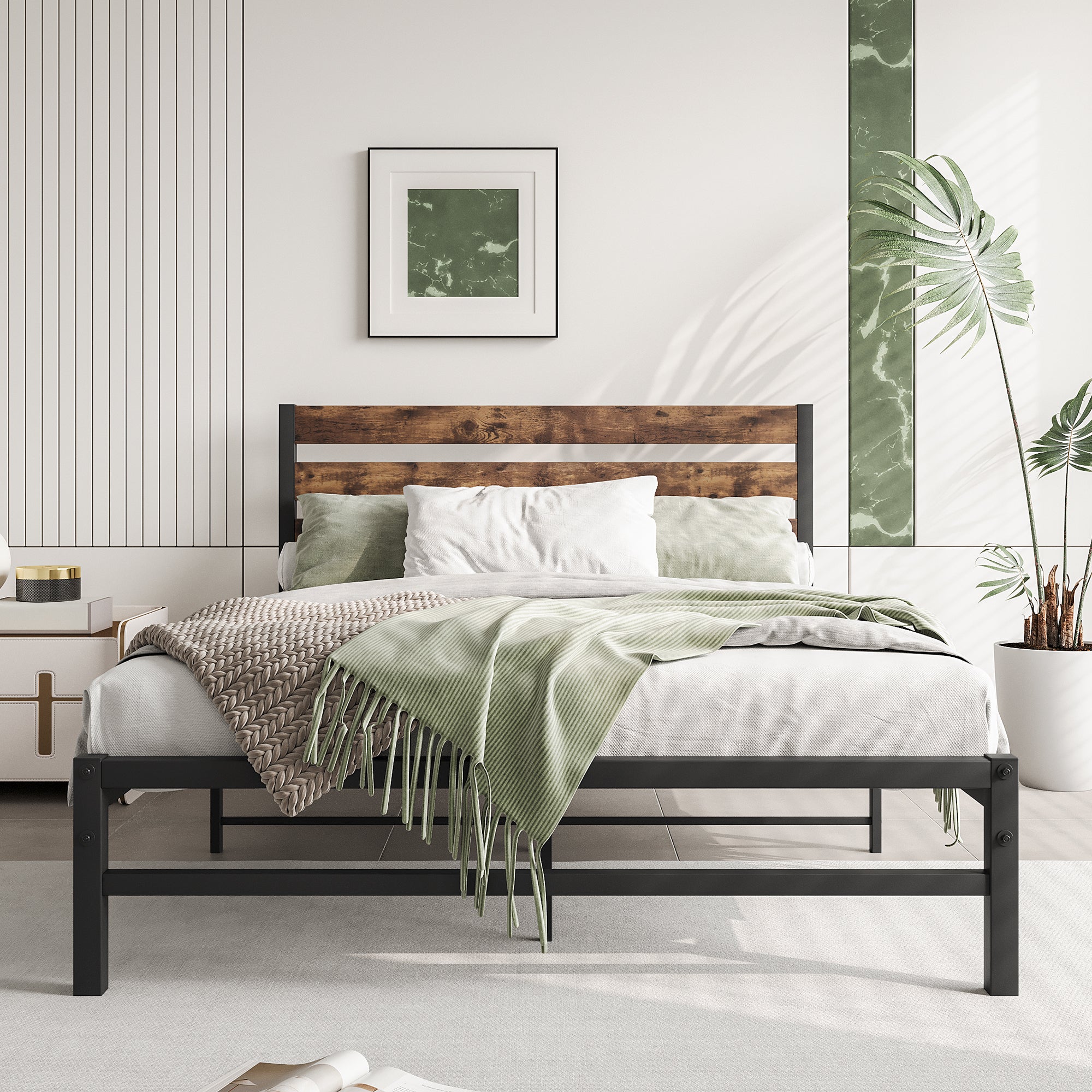 Rustic Full Platform Bed Frame with Headboard - No Box Spring Needed-American Furniture Outlet