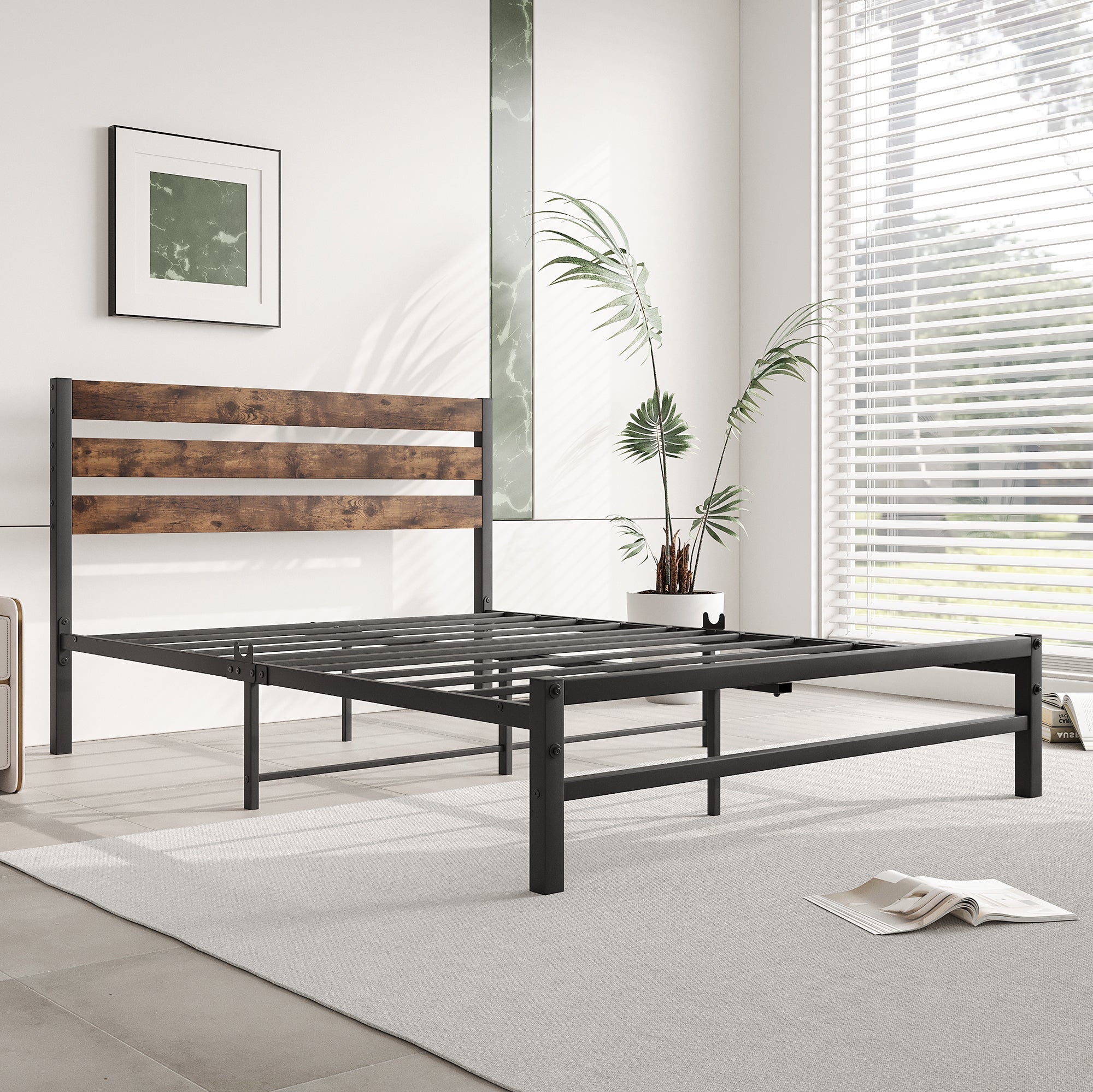 Rustic Full Platform Bed Frame with Headboard - No Box Spring Needed-American Furniture Outlet