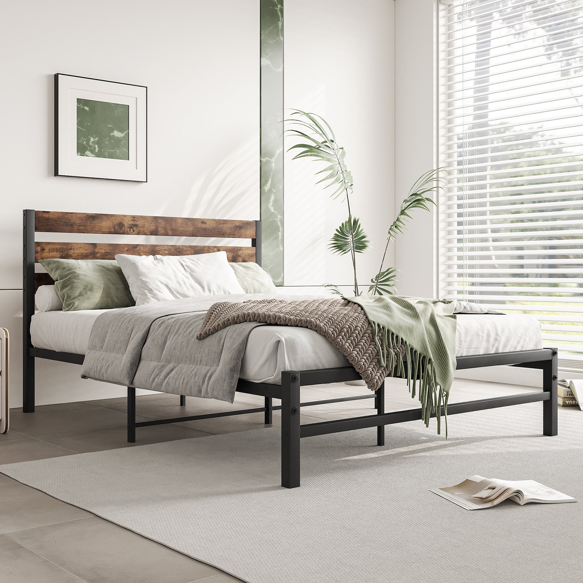 Rustic Full Platform Bed Frame with Headboard - No Box Spring Needed-American Furniture Outlet