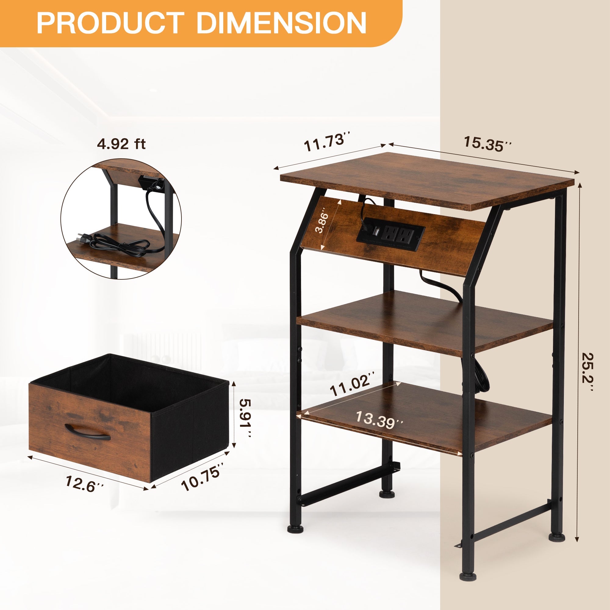 Rustic Nightstand w/ Drawer, Shelf, USB Ports & LED Lights-American Furniture Outlet