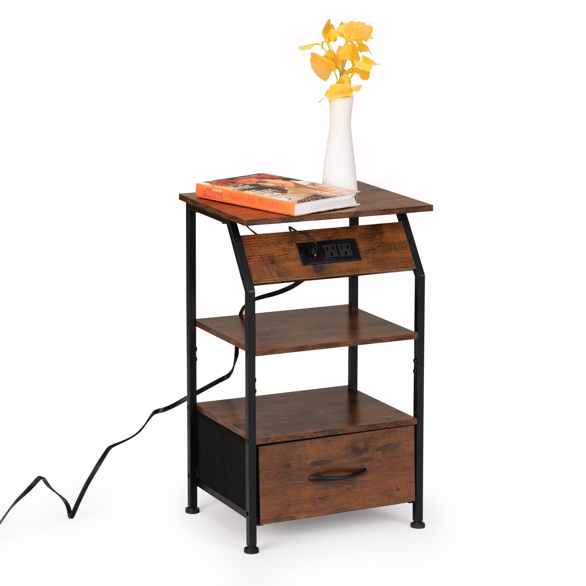 Rustic Nightstand w/ Drawer, Shelf, USB Ports & LED Lights-American Furniture Outlet