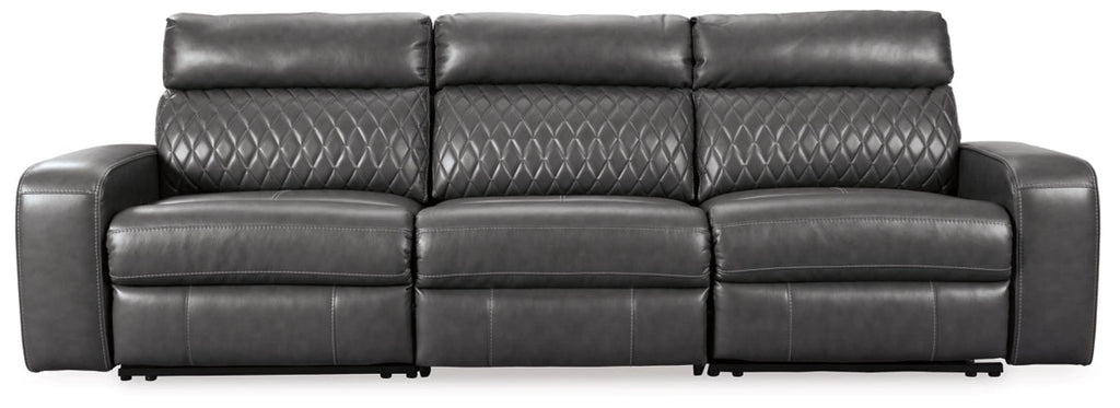 Gray power reclining loveseat with three seat sections and smooth reclining arms