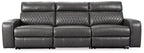 Gray power reclining loveseat with three seat sections and smooth reclining arms