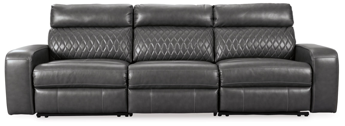 Gray power reclining loveseat with three seat sections and smooth reclining arms