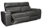 Gray power reclining sofa with padded arms and recline footrest on metal base