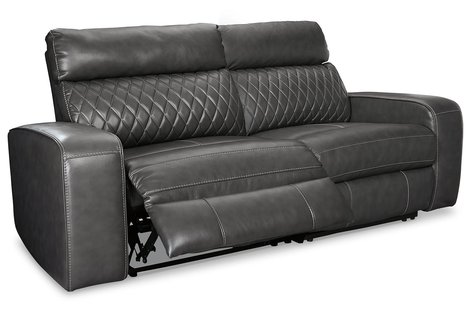 Gray power reclining sofa with padded arms and recline footrest on metal base