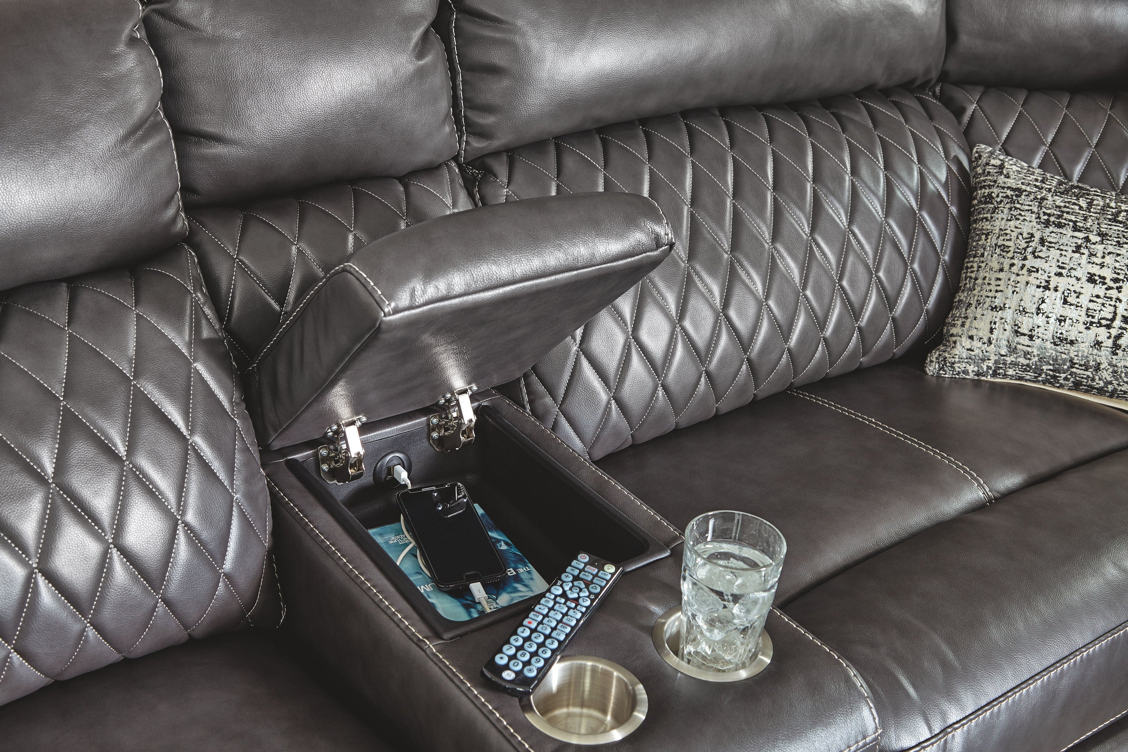 Gray power reclining sectional with arm console and diamond-quilted seat and back