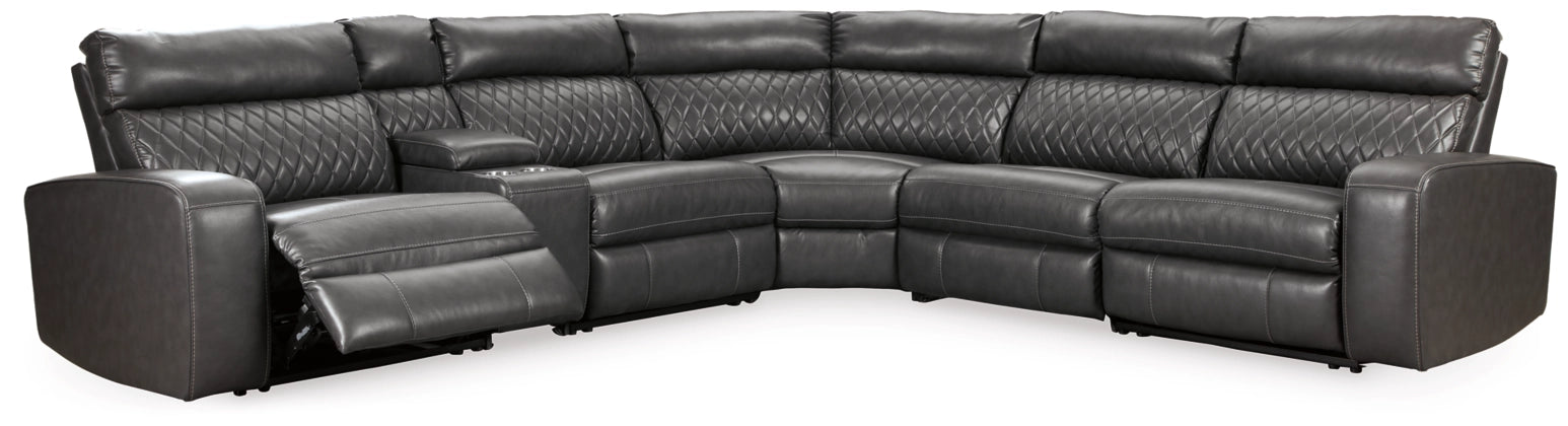 Gray power reclining sectional with curved chaise seats and padded armrests