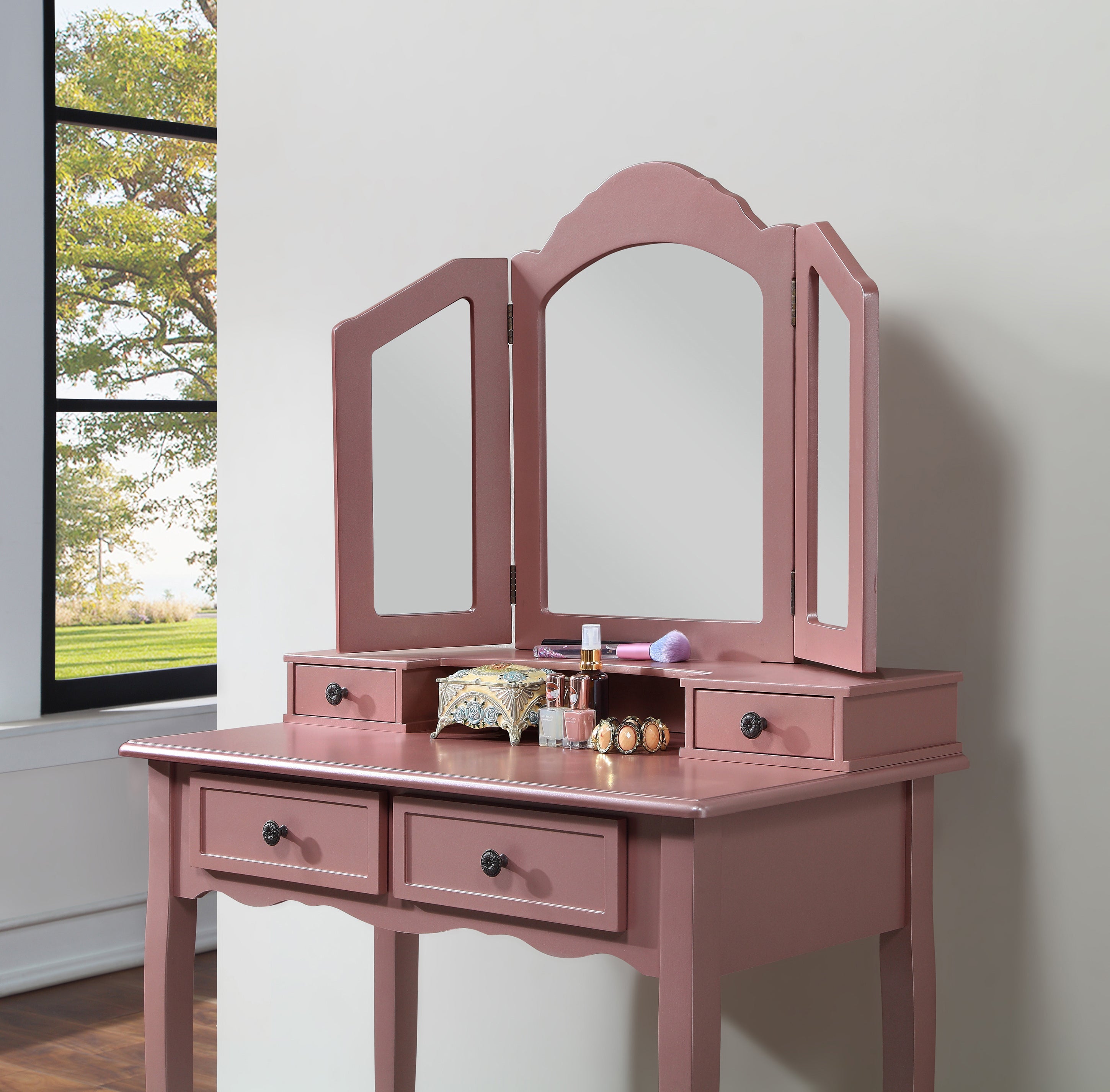 Sanlo Wooden Vanity Set w/ Stool, Rose Gold-American Furniture Outlet