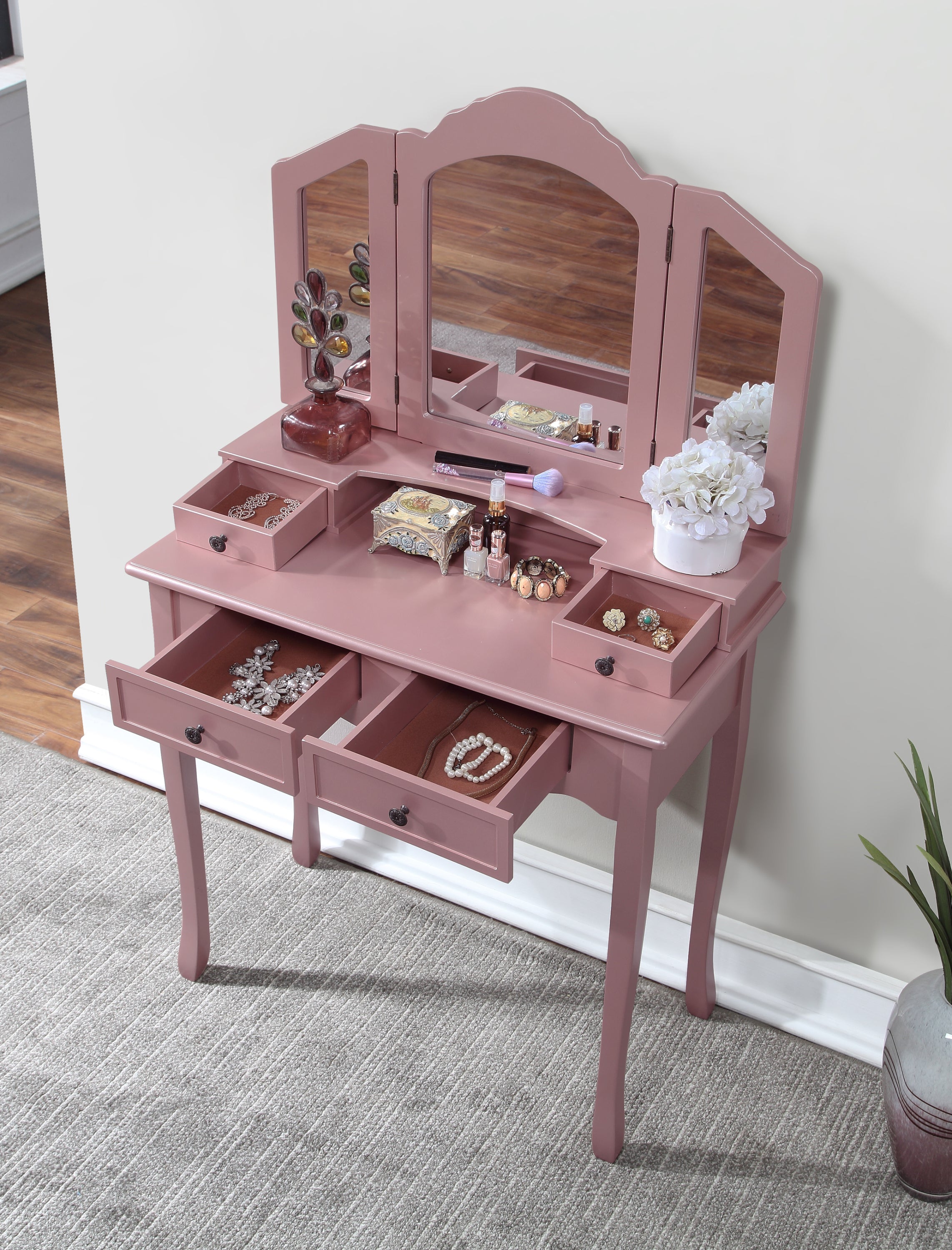 Sanlo Wooden Vanity Set w/ Stool, Rose Gold-American Furniture Outlet