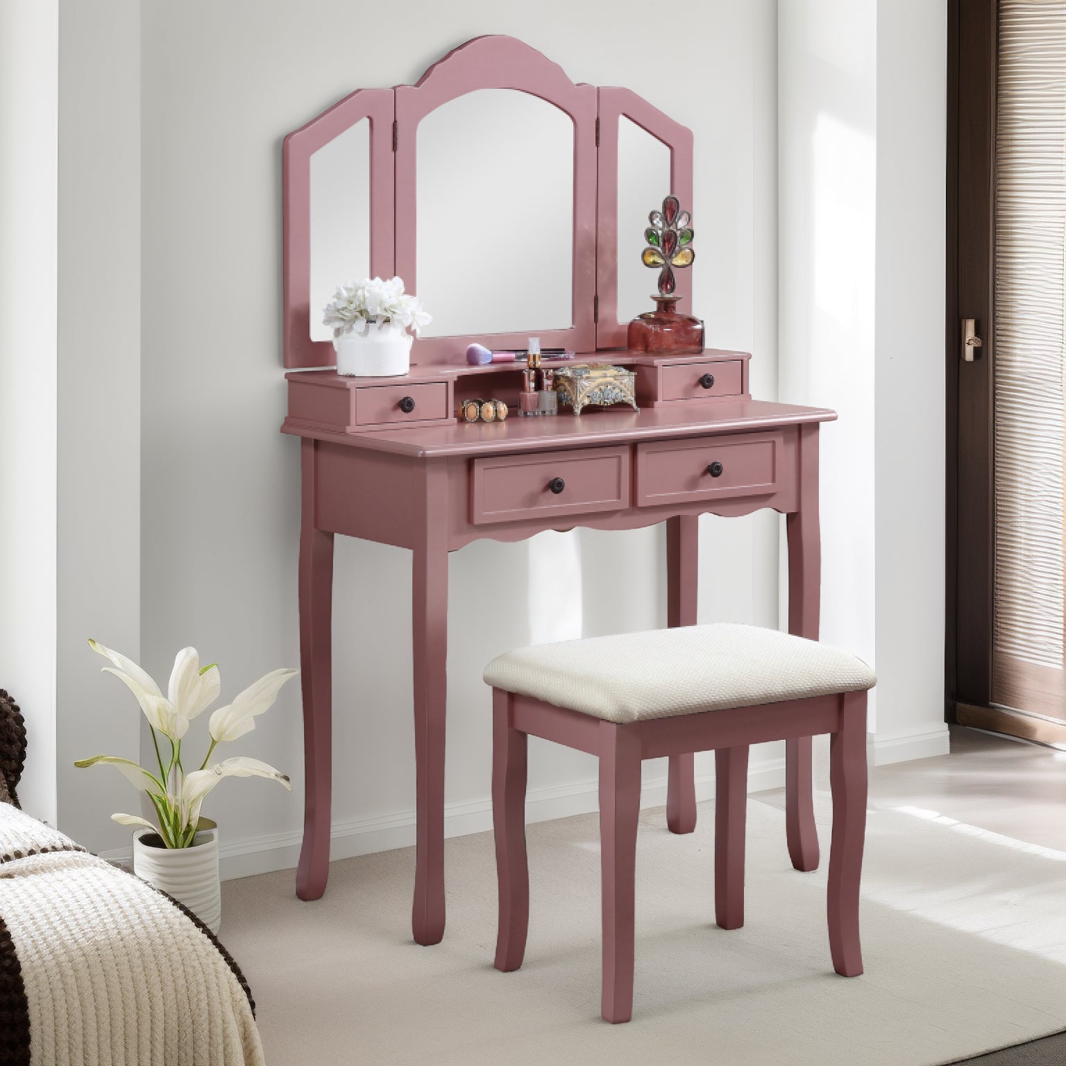 Sanlo Wooden Vanity Set w/ Stool, Rose Gold-American Furniture Outlet