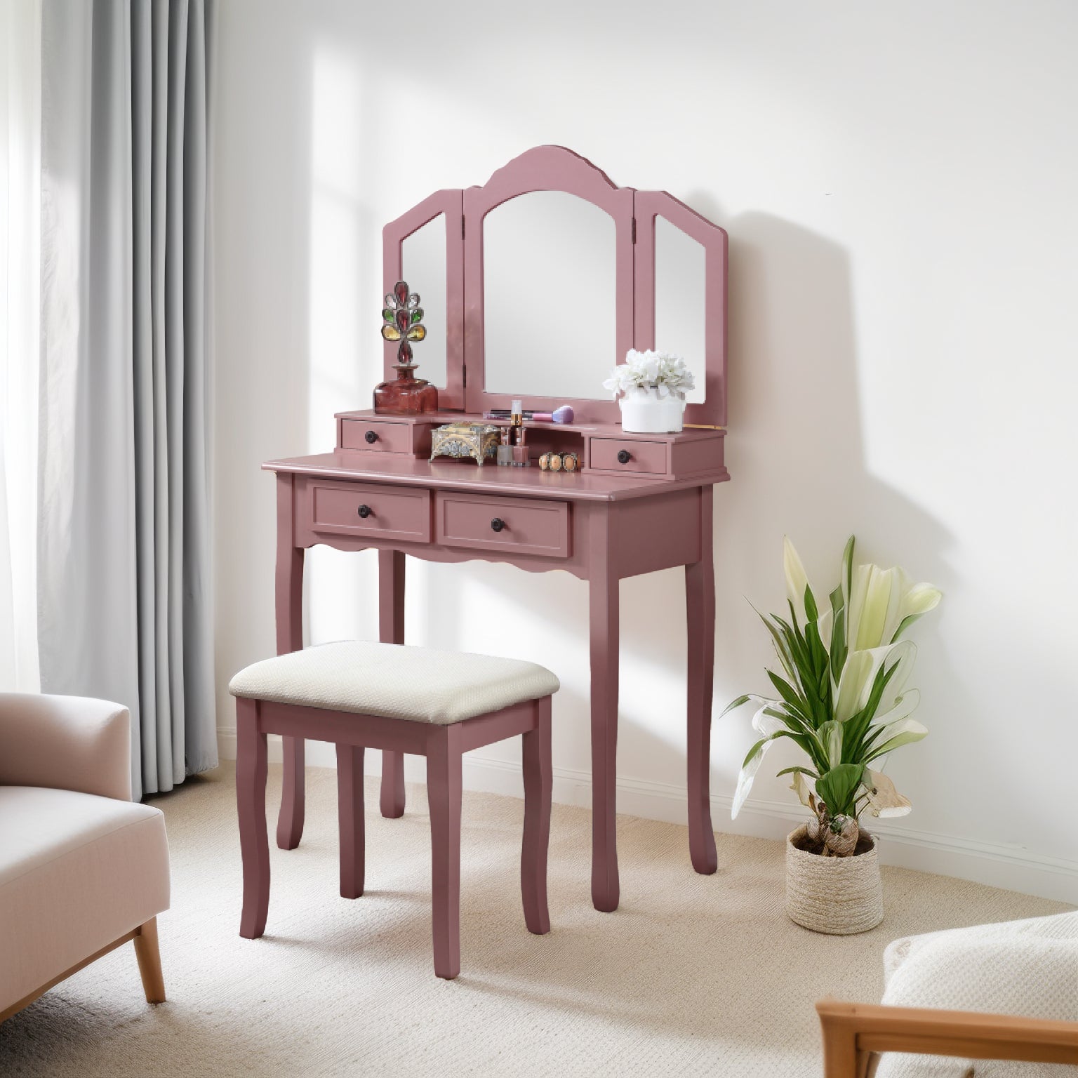 Sanlo Wooden Vanity Set w/ Stool, Rose Gold-American Furniture Outlet