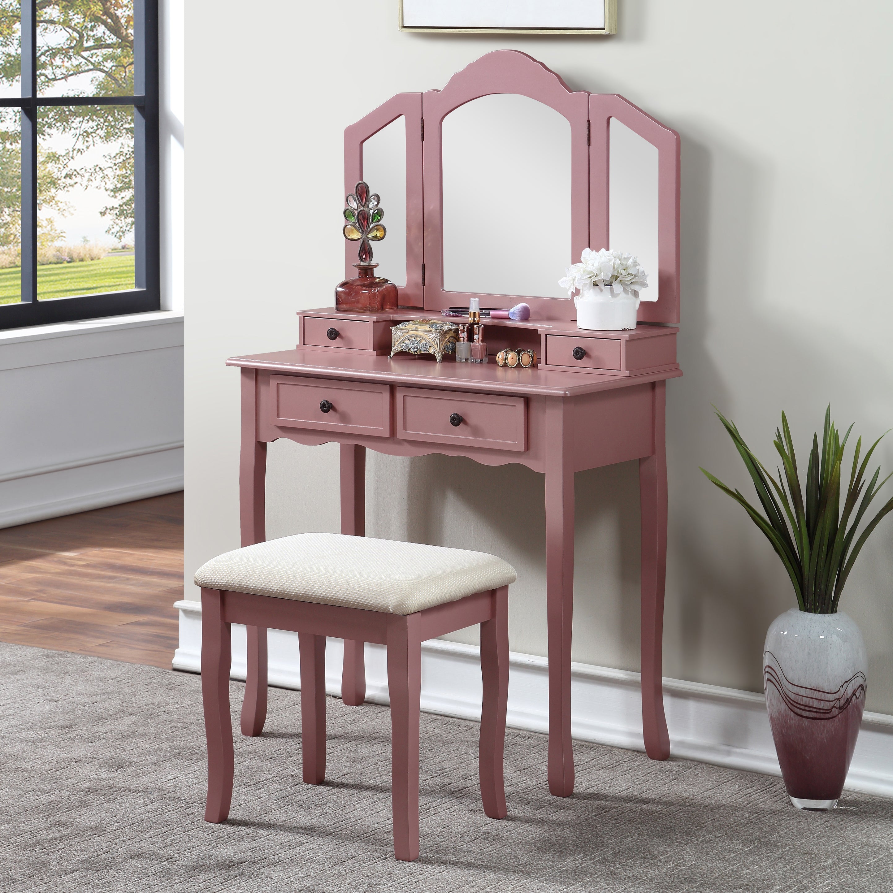 Sanlo Wooden Vanity Set w/ Stool, Rose Gold-American Furniture Outlet