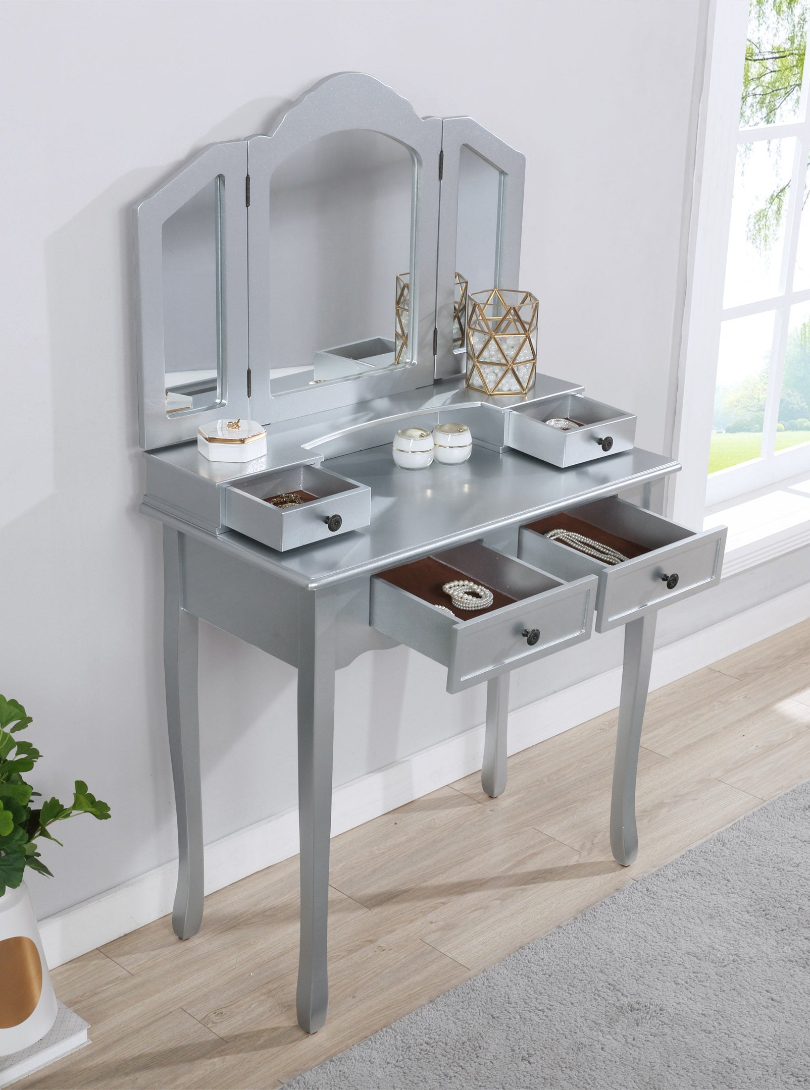 Sanlo Wooden Vanity Set w/ Stool - Silver-American Furniture Outlet