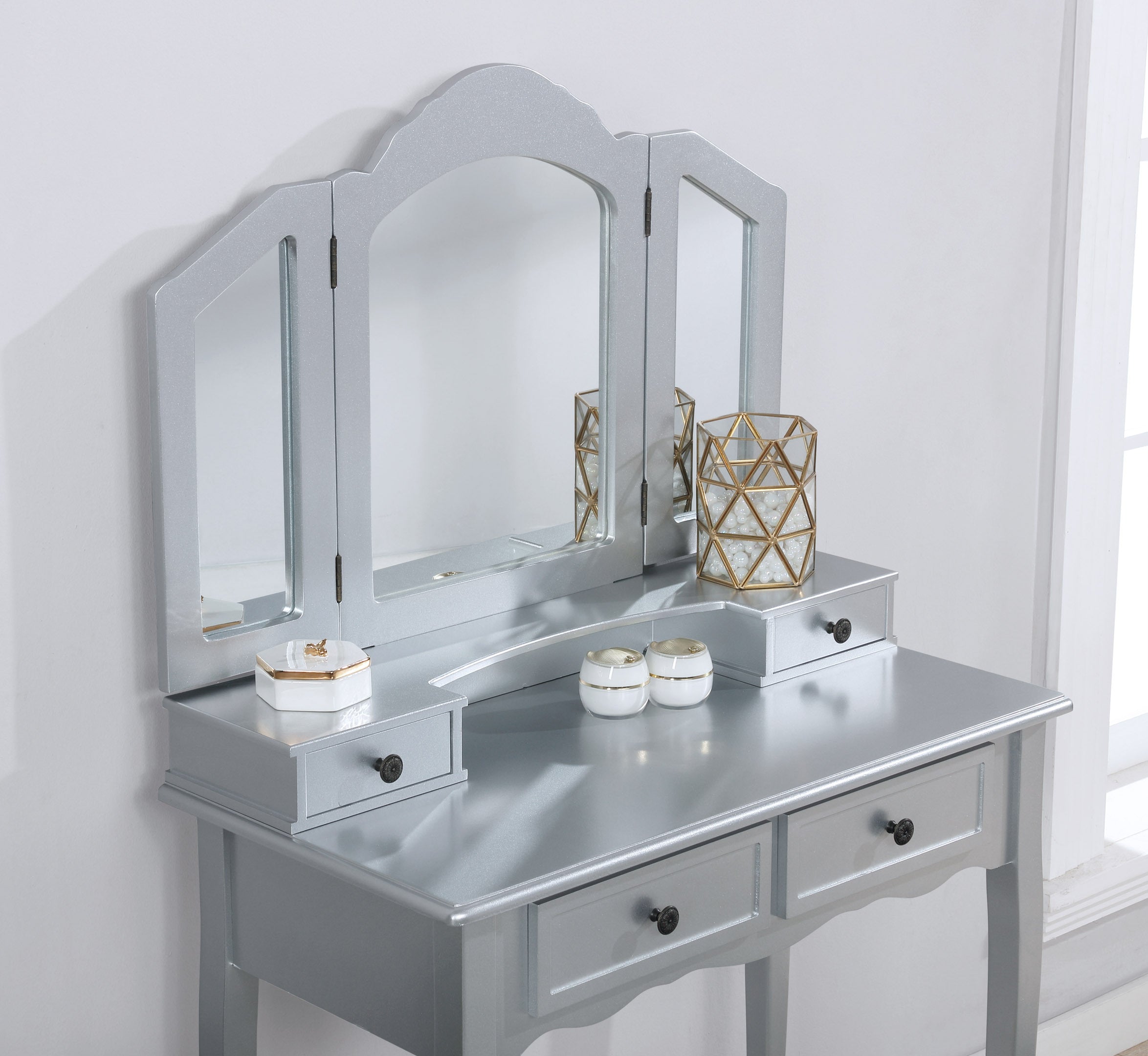 Sanlo Wooden Vanity Set w/ Stool - Silver-American Furniture Outlet