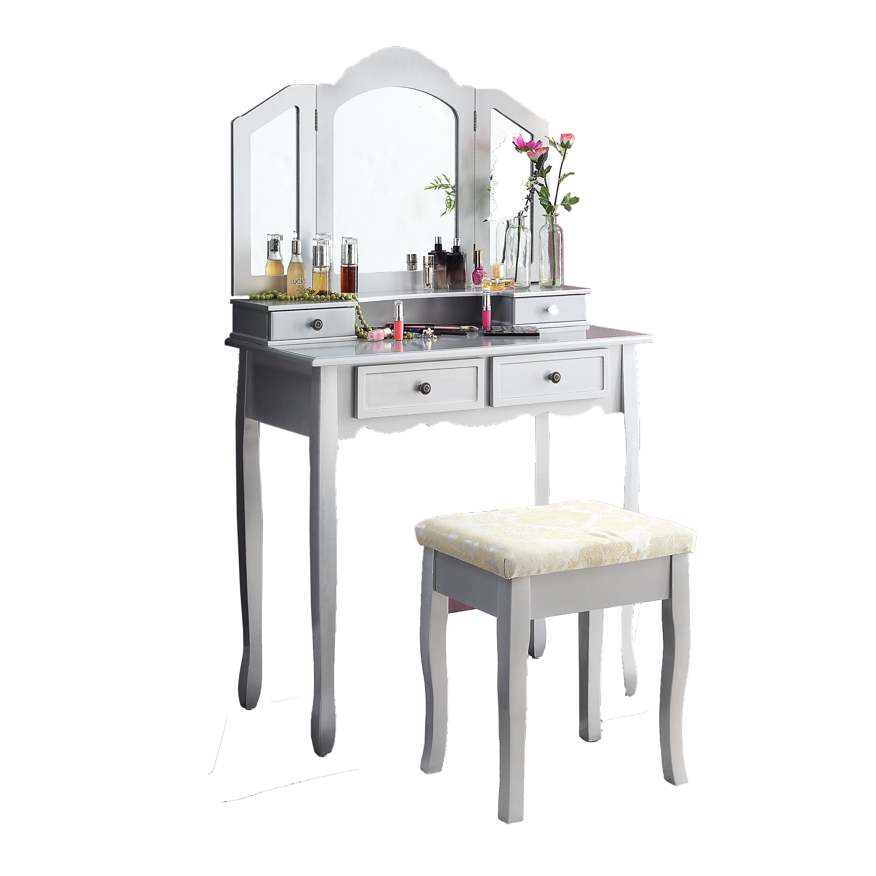 Sanlo Wooden Vanity Set w/ Stool - Silver-American Furniture Outlet