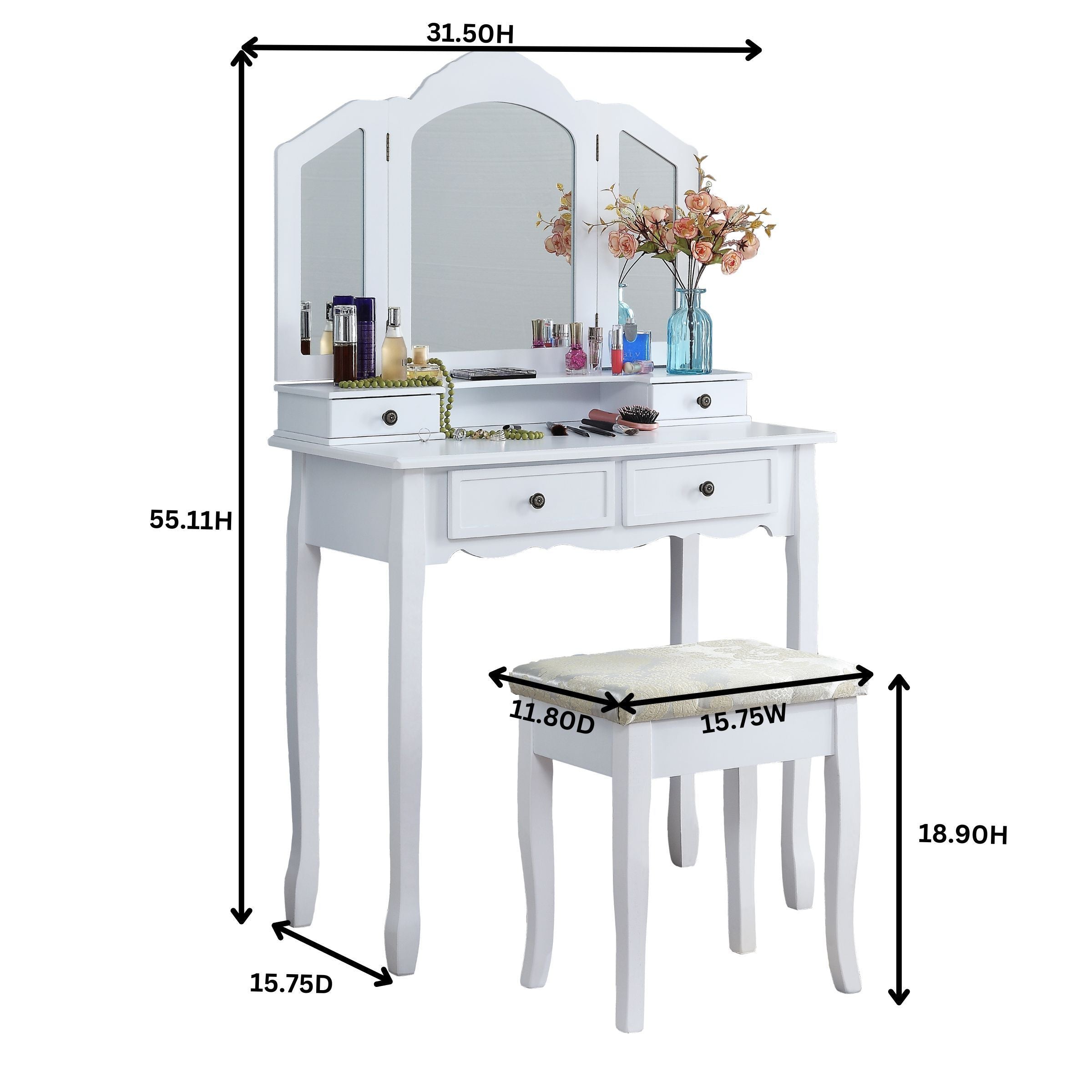 Sanlo Wooden Vanity Set w/ Stool - Silver-American Furniture Outlet