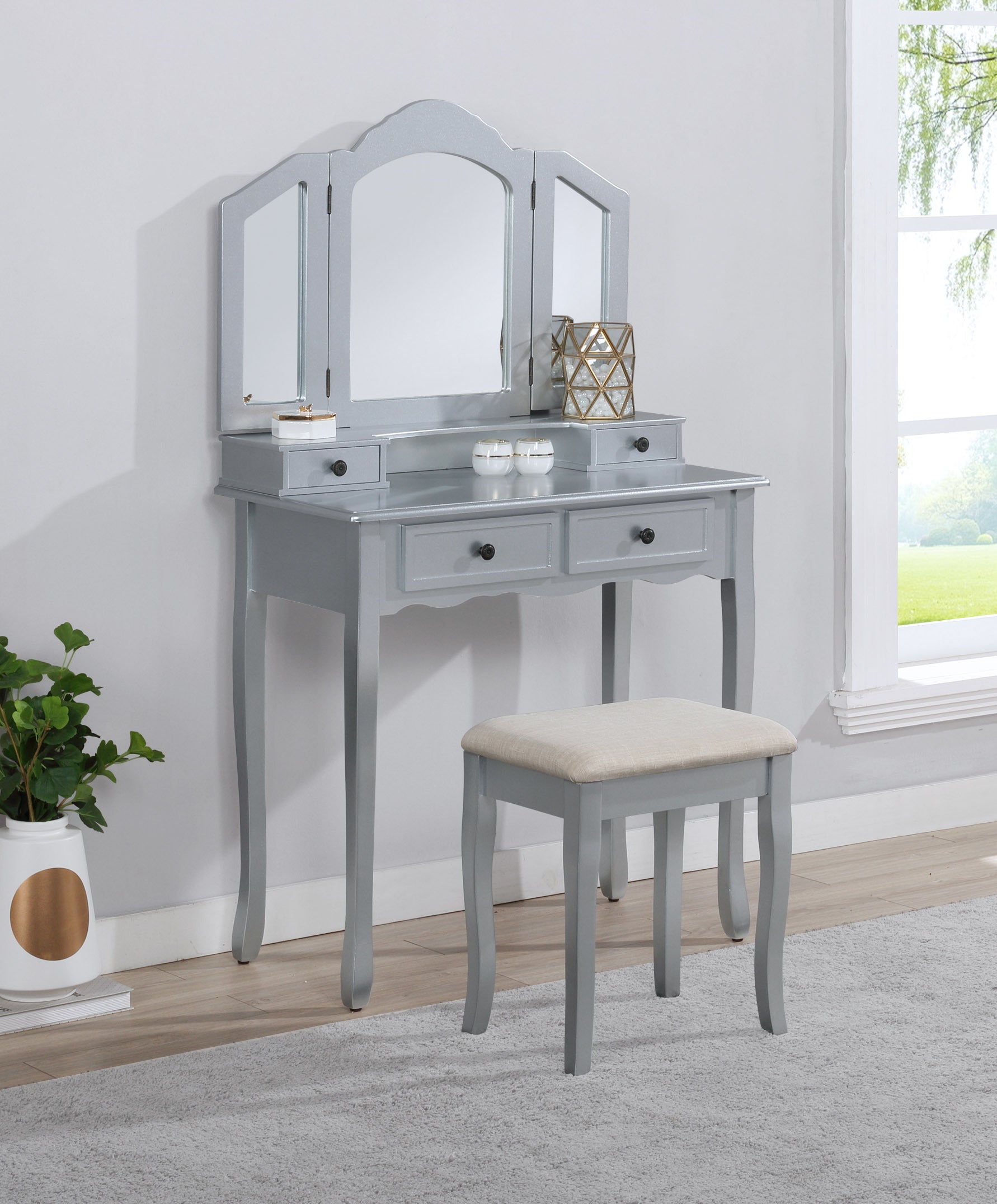 Sanlo Wooden Vanity Set w/ Stool - Silver-American Furniture Outlet