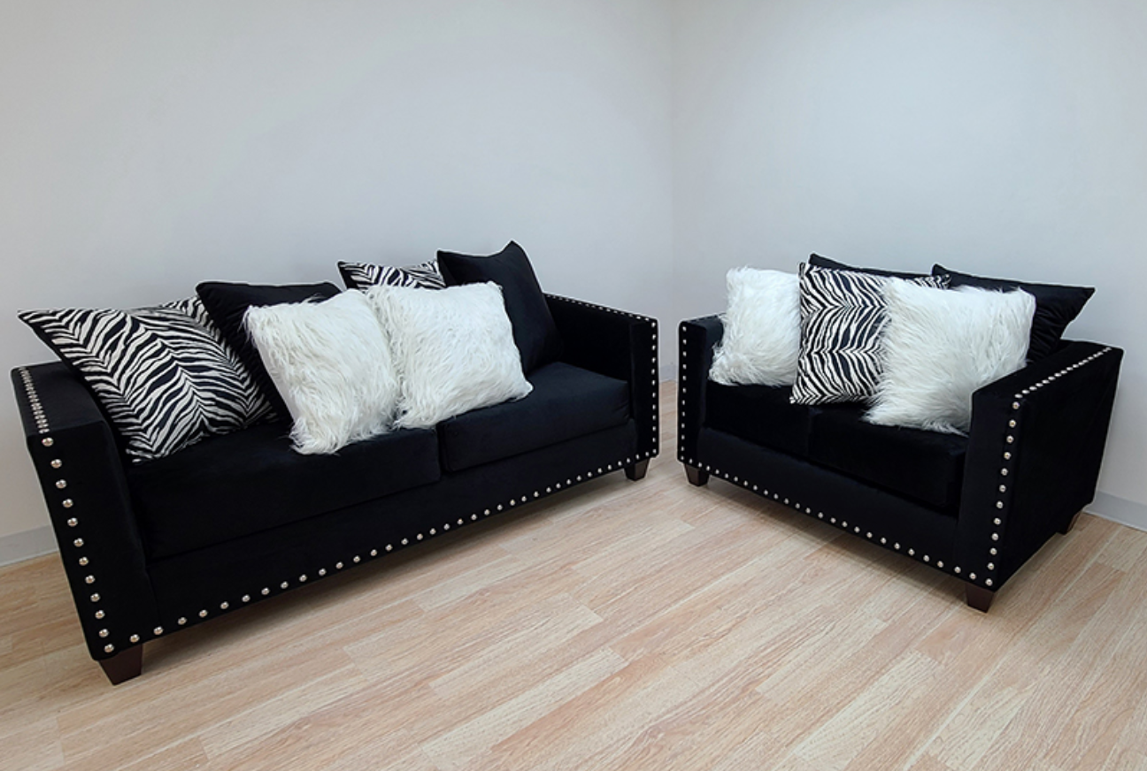 U300SL-BLKZEBRA Velvet Sofa & Loveseat with Zebra Pillows, Nail Trim