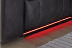 Dark carbon sofa base with red LED lighting strip along the bottom edge and stitched cushions.