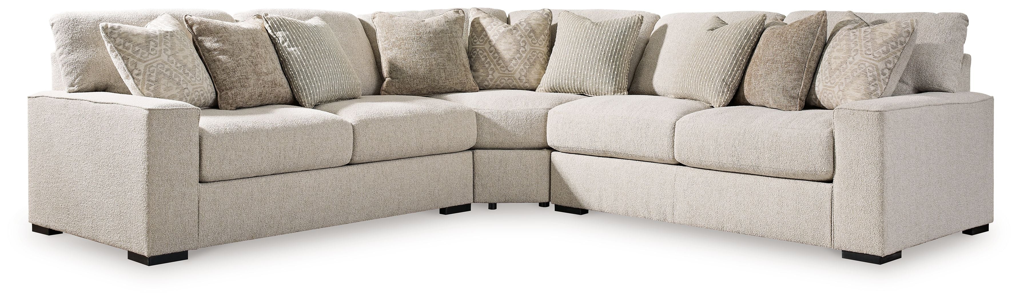 Sand beige sectional sofa with chaise, square arms, black feet, and tufted cushions