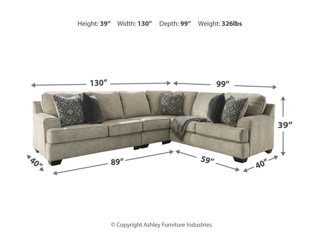 Stone sectional sofa dimensions diagram, 2-piece corner configuration view